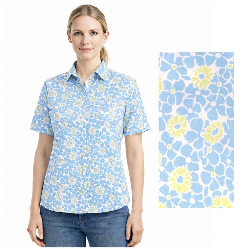Lands End Short Sleeve Blue Blouse Floral Size 14